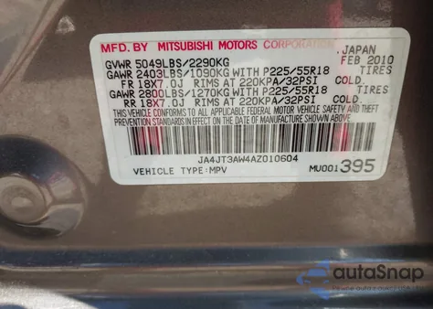 2010 Mitsubishi Outlander Se from USA, damaged, VIN JA4JT3AW4AZ010604
